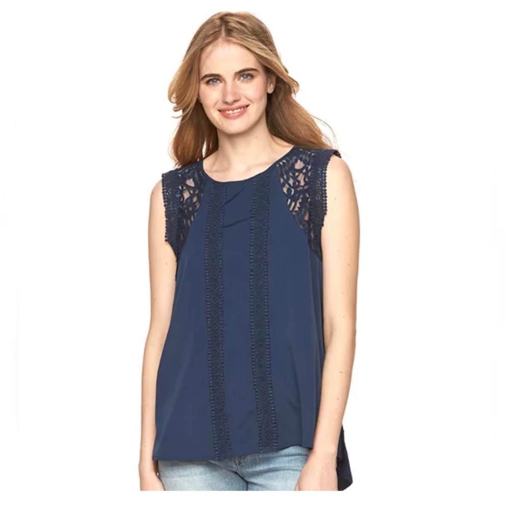 LC by Lauren Conrad Lace Linen-Blend Navy Women’s Tunic Tank, Size M, EUC